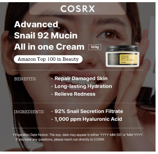 COSRX Snail Mucin 92% Repair Cream 100g, Daily Face Gel Moisturizer for Dry Skin, Acne-prone, Sensitive Skin, Not Tested on Animals, No Parabens, Korean Skincare