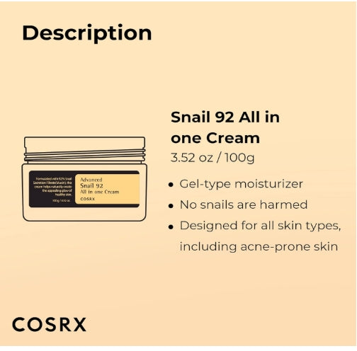 COSRX Snail Mucin 92% Repair Cream 100g, Daily Face Gel Moisturizer for Dry Skin, Acne-prone, Sensitive Skin, Not Tested on Animals, No Parabens, Korean Skincare