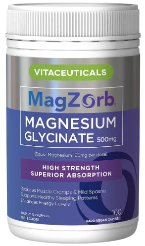Vitaceuticals MagZorb High Strength, Pure Magnesium Glycinate 500mg - 100 Capsules Vegan & Gluten Free | Supports Muscle Health & Relieves Muscle Cramps | Supports Healthy Sleeping Patterns